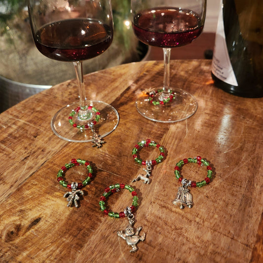 Christmas Wine Glass Charms | 6-Piece Holiday Set | Beaded & Festive
