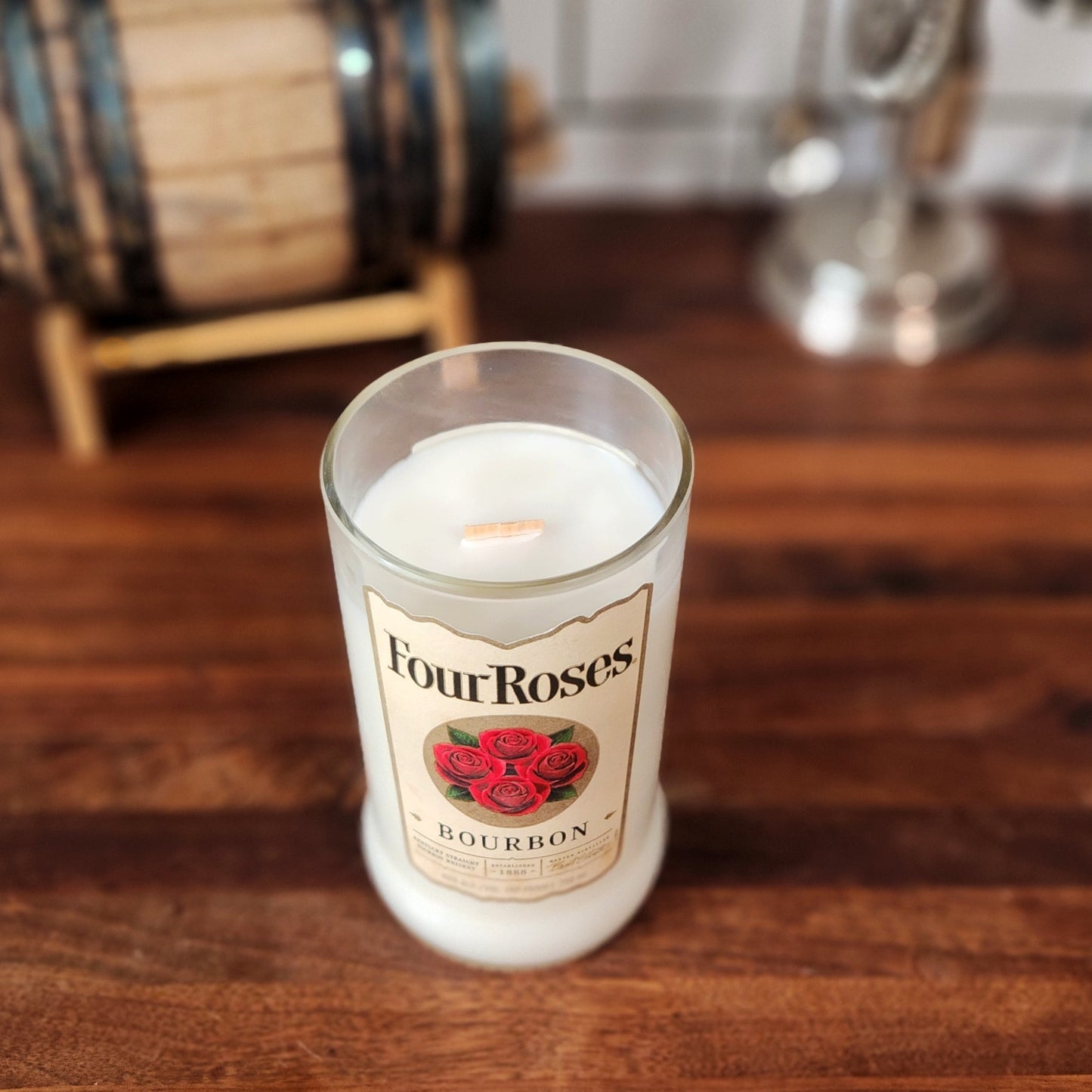 Bourbon Roses Bottle Candle | Wooden Wick & Upcycled Design | Private Reserve Scent