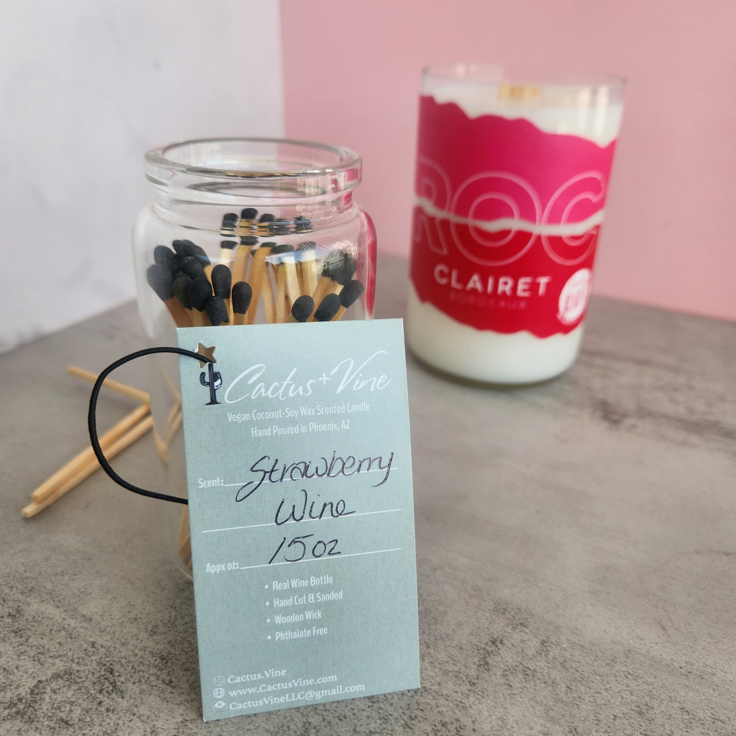 "Strawberry Wine" Scented Candle in an Up-Cycled "ROC Clairet" Wine Bottle
