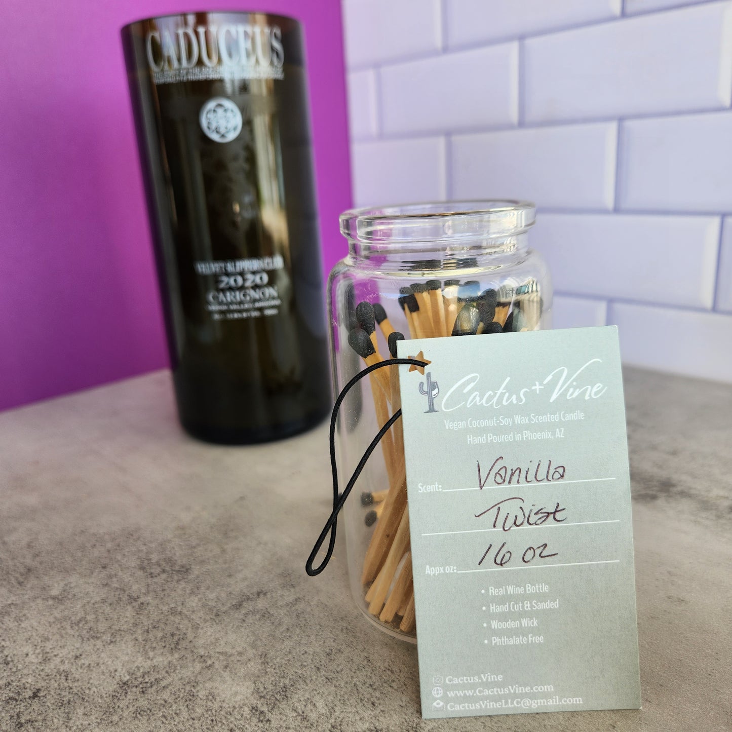 "Vanilla Twist" Scented Candle in a Recycled "Caduceus Carignon" Wine Bottle