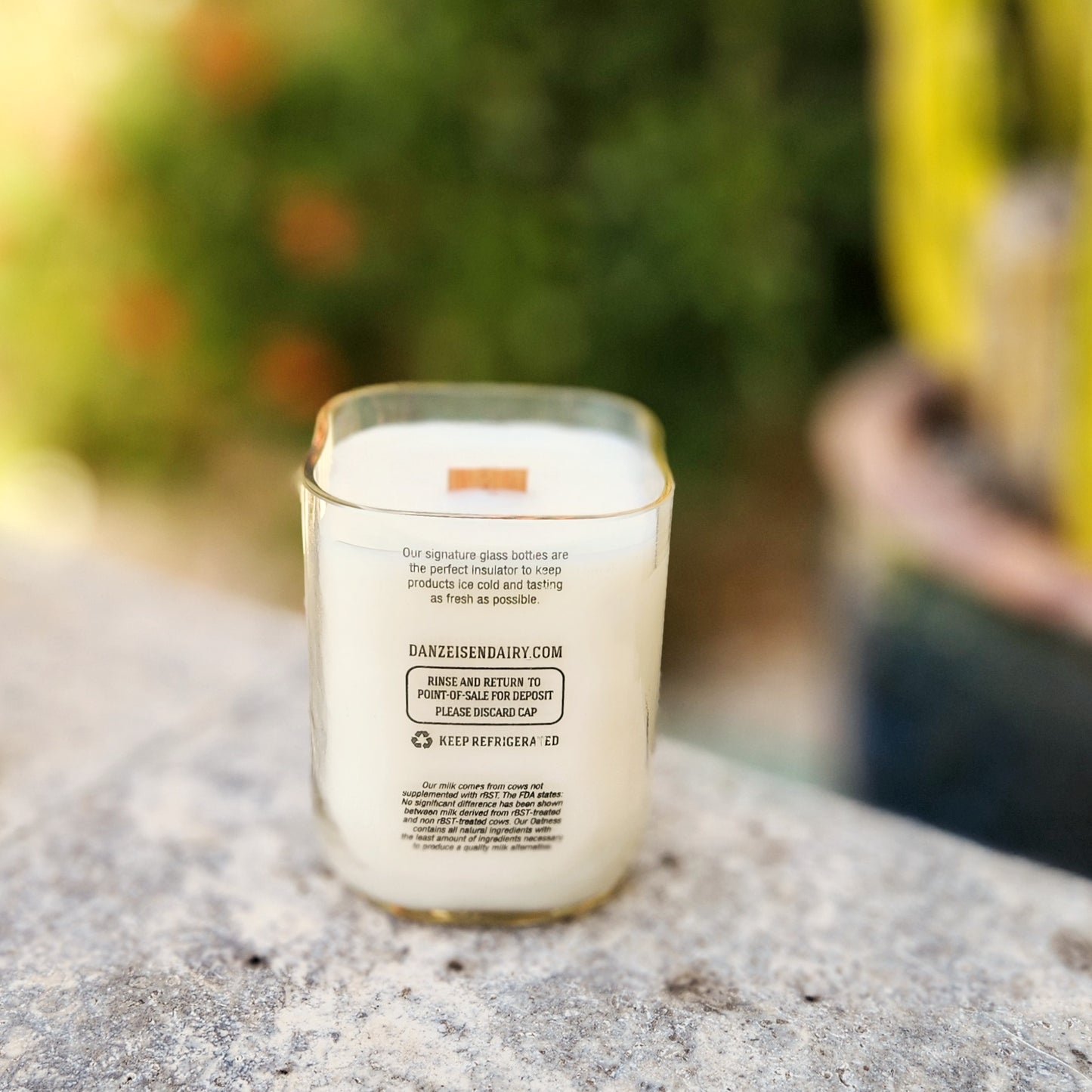 A hand-poured coconut soy candle in a square recycled Danzeisen Dairy bottle, featuring a wooden wick and eco-friendly creamy white wax. The back of the bottle displays fine print about the original dairy use, framed by lush greenery in the background.