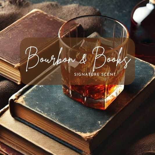 A moody, atmospheric flat lay featuring a glass of bourbon with ice resting on top of a stack of worn vintage books. Rich textures from the leather-bound covers and deep amber tones of the bourbon evoke the warm, nostalgic feel of the Bourbon & Books signature scent. Ideal for SEO targeting cozy, masculine, and book-inspired candle lovers.