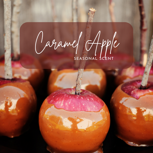 A close-up of glossy red apples coated in rich caramel, each pierced with a rustic twig as a stick, arranged in a dark tray. The text overlay reads "Caramel Apple Seasonal Scent" in a white script font on a translucent brown label, evoking cozy autumn vibes and the sweet, nostalgic aroma behind the scent inspiration.