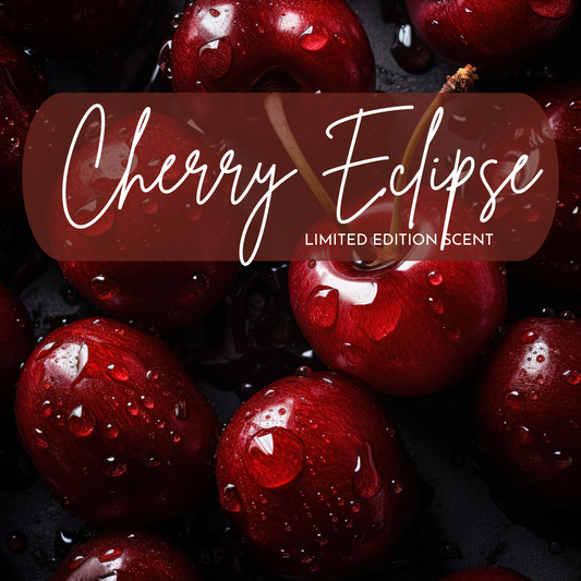 Close-up of wet cherries with 'Cherry Eclipse' text overlay on a dark background