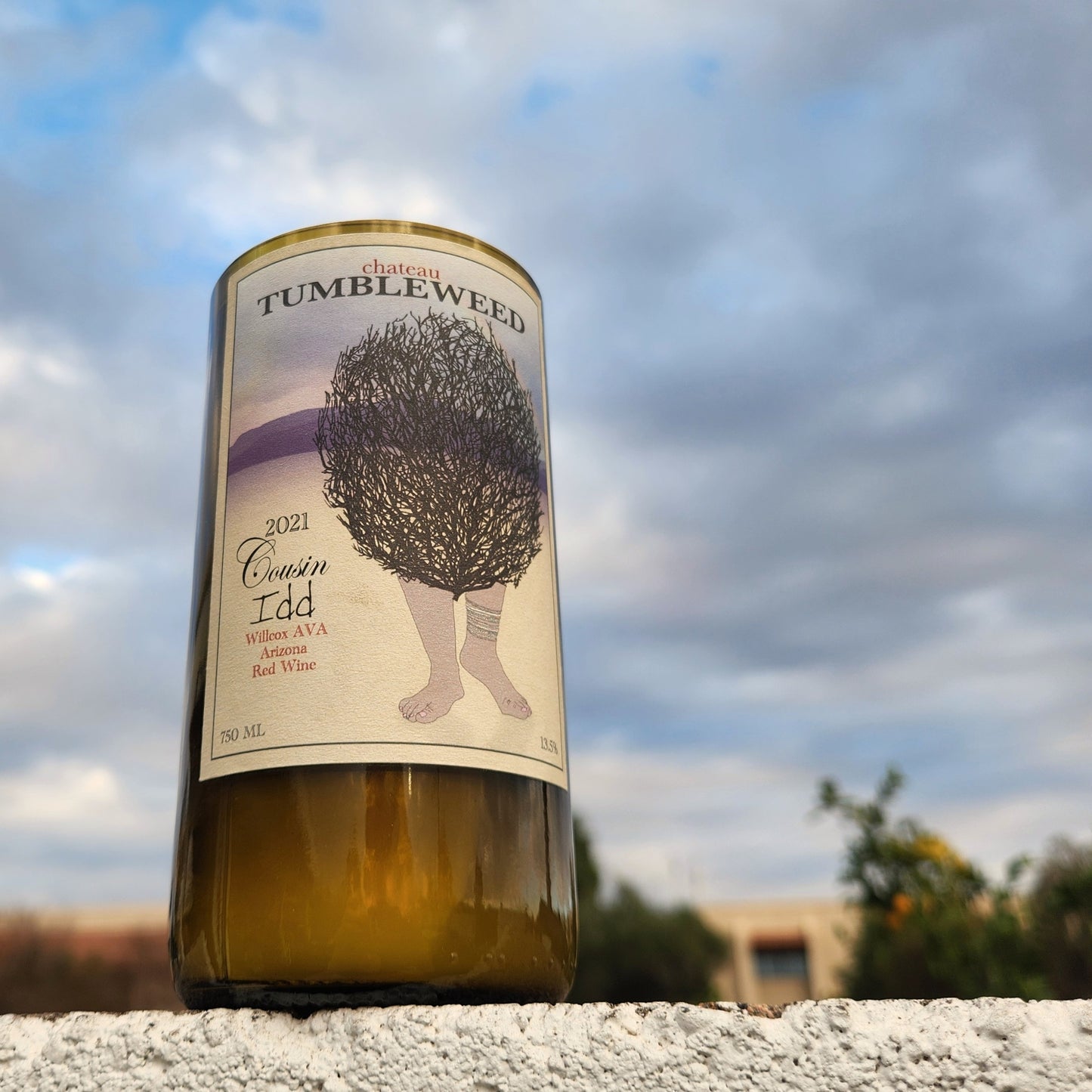 Crafted in a recycled Chateau Tumbleweed wine bottle, this hand-poured candle exudes eco-conscious charm. Captured against a dramatic cloudy sky, it blends sustainability with Arizona's unique artistry.