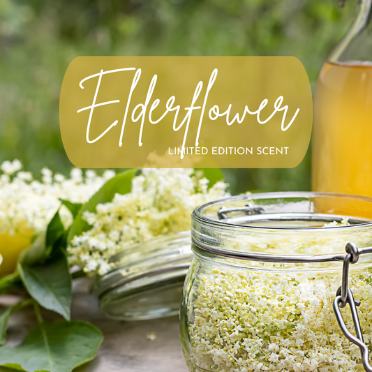Fresh elderflowers in a glass jar on a rustic wooden table, with a blurred green garden in the background and a bottle of elderflower cordial nearby. Overlaid text reads “Elderflower – Limited Edition Scent,” evoking a light, floral, and refreshing fragrance.