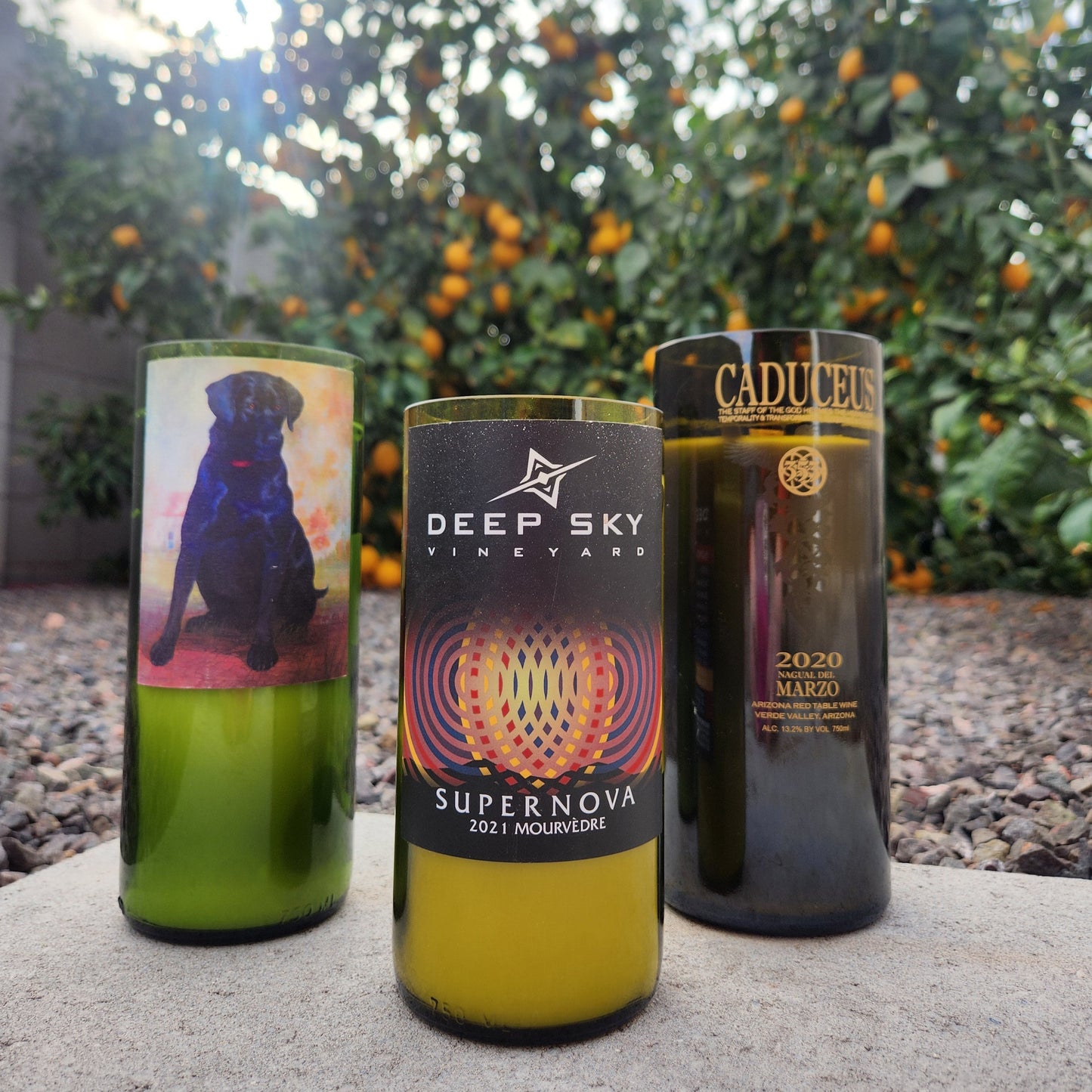 Group shot of three recycled wine bottle candles placed outdoors near citrus trees: one with a black dog illustration, one Deep Sky Supernova bottle, and a dark Caduceus label. Each candle is hand-poured and eco-friendly.
