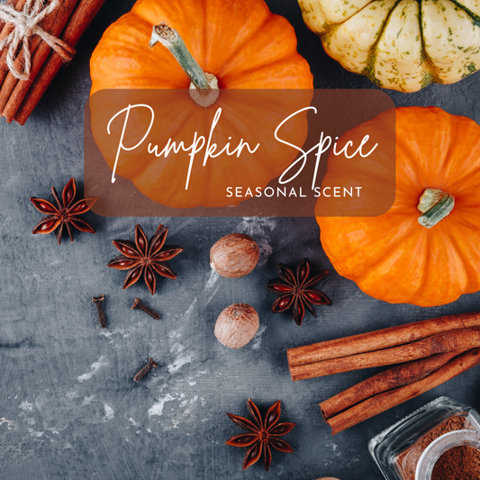 Pumpkin spice-themed product with pumpkins, cinnamon sticks, and star anise on a dark surface.