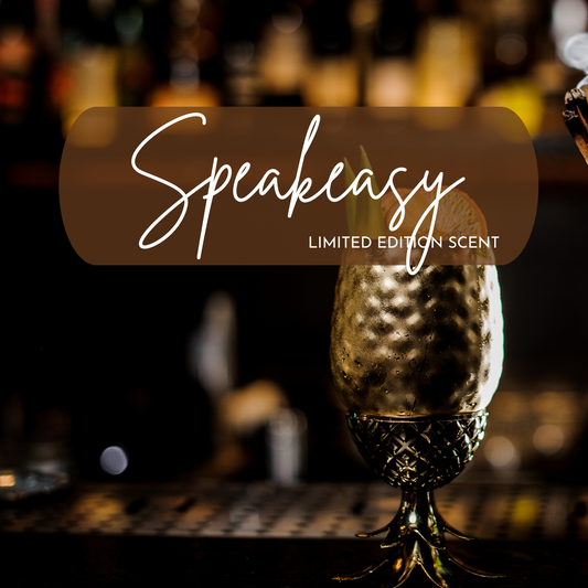 Speakeasy limited edition scent bottle with a blurred bar background