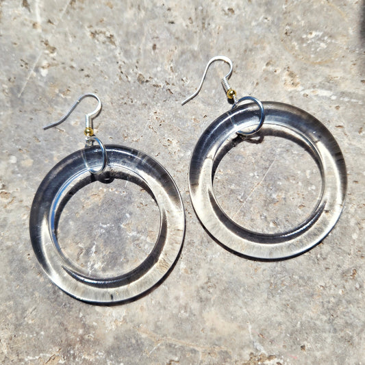 Oversized clear upcycled bottle glass hoop earrings with silver-tone earwires and gold-tone bead accents