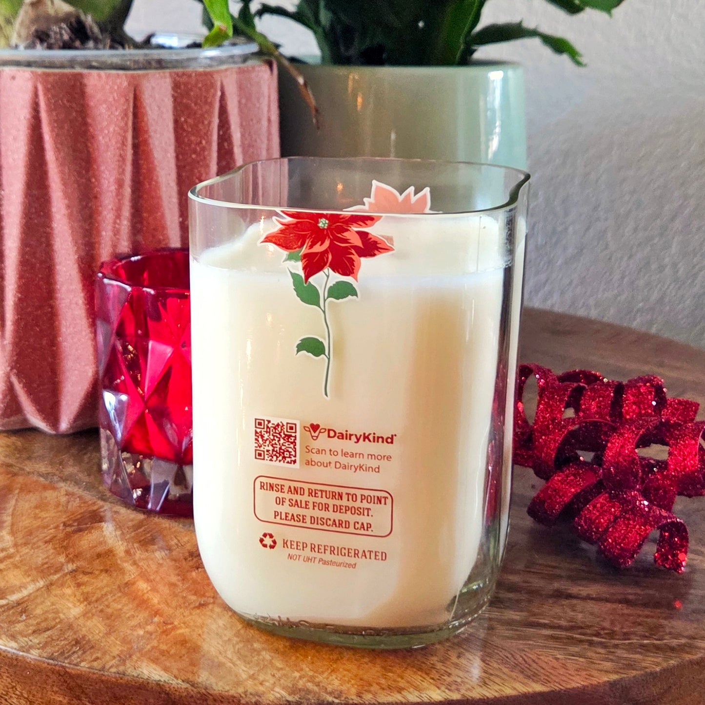 Festive Milk Bottle Candle | Poinsettia Design | Spiced Pear Scent