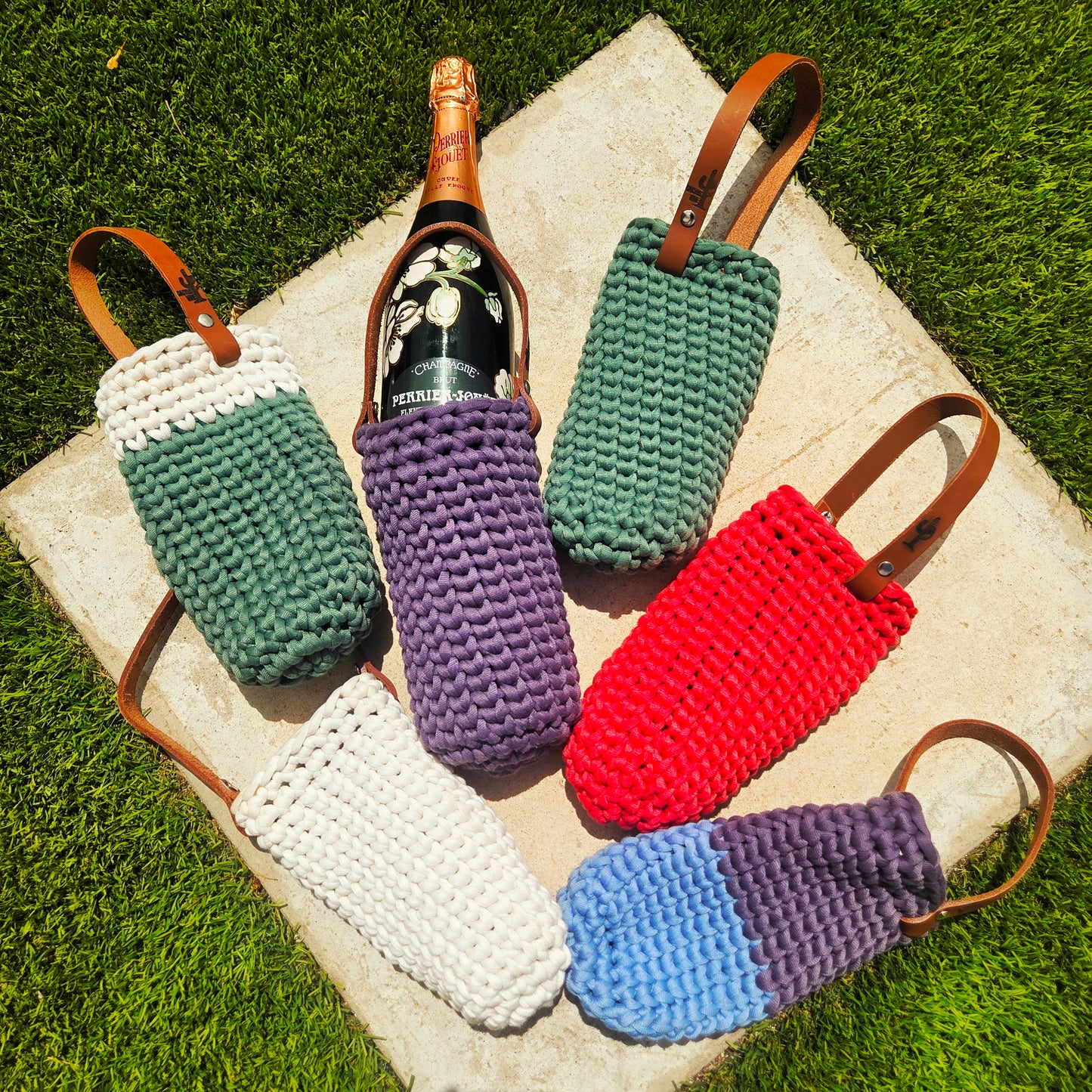 Crocheted Wine Bottle Carrier with Leather Strap | Handmade Gift Bag