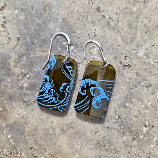 Small Ocean Wine Bottle Earrings | Reclaimed Glass | Sterling Silver