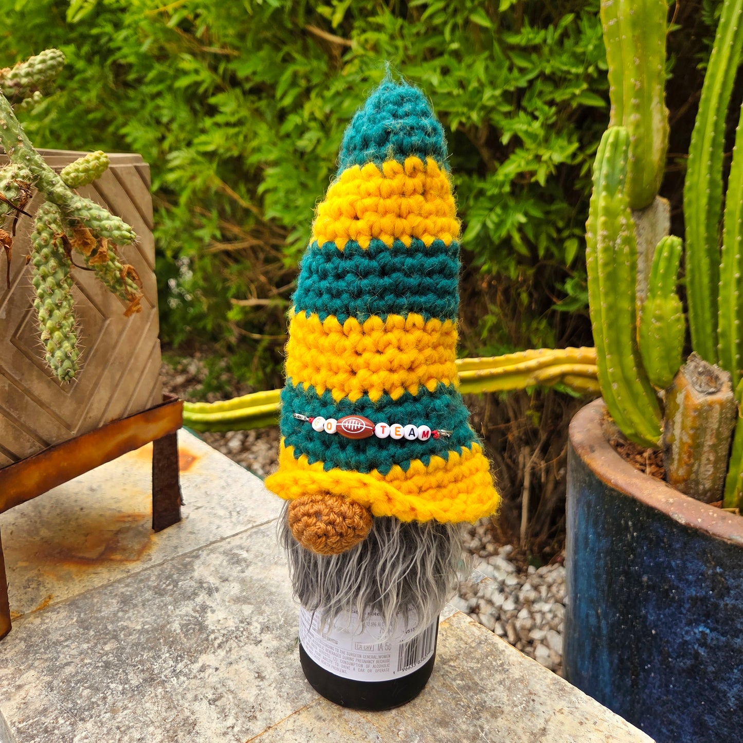 Gnome Wine Bottle Cover | Green & Yellow Stripe