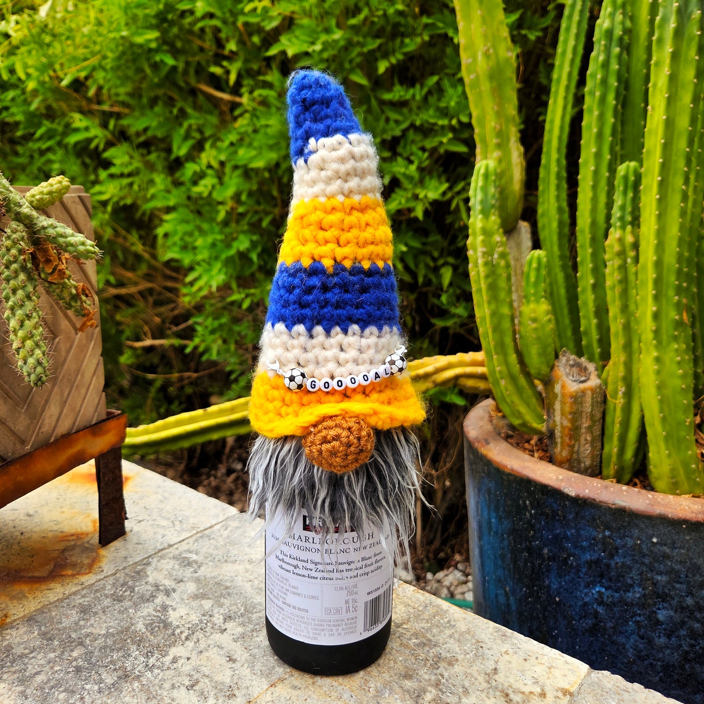 Gnome Wine Bottle Cover | Blue, White & Yellow Stripe