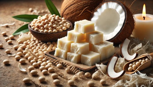 Landscape image showing stacked blocks of soy wax alongside coconut shells, soybeans, and coconut wax. A candle and natural elements are arranged on a rustic surface, highlighting the eco-friendly and sustainable sources of the wax.