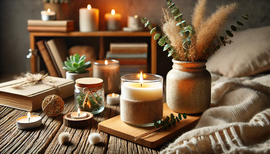 A cozy home scene featuring a lit eco-friendly candle with a cotton wick, placed on a rustic wooden table.