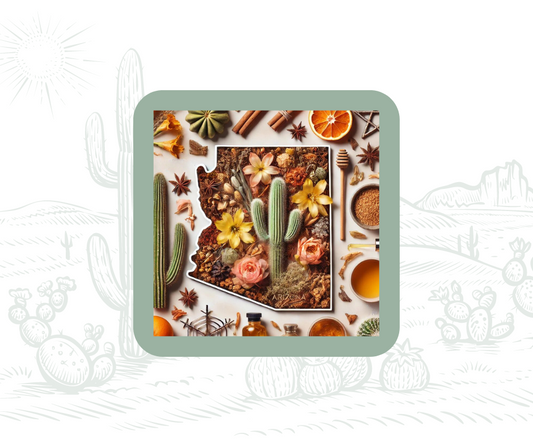 A visual display of ingredients used in Cactus Vine Candles' signature scents, featuring cacti, flowers, citrus, cinnamon, and spices arranged in the shape of Arizona, representing the natural aromas that inspire the candles.
