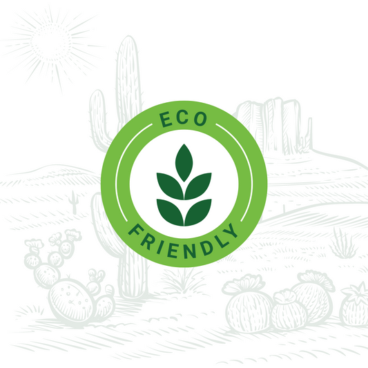 Eco-friendly badge with a green circular logo featuring a leaf icon, set against a background of hand-drawn cacti and desert landscape