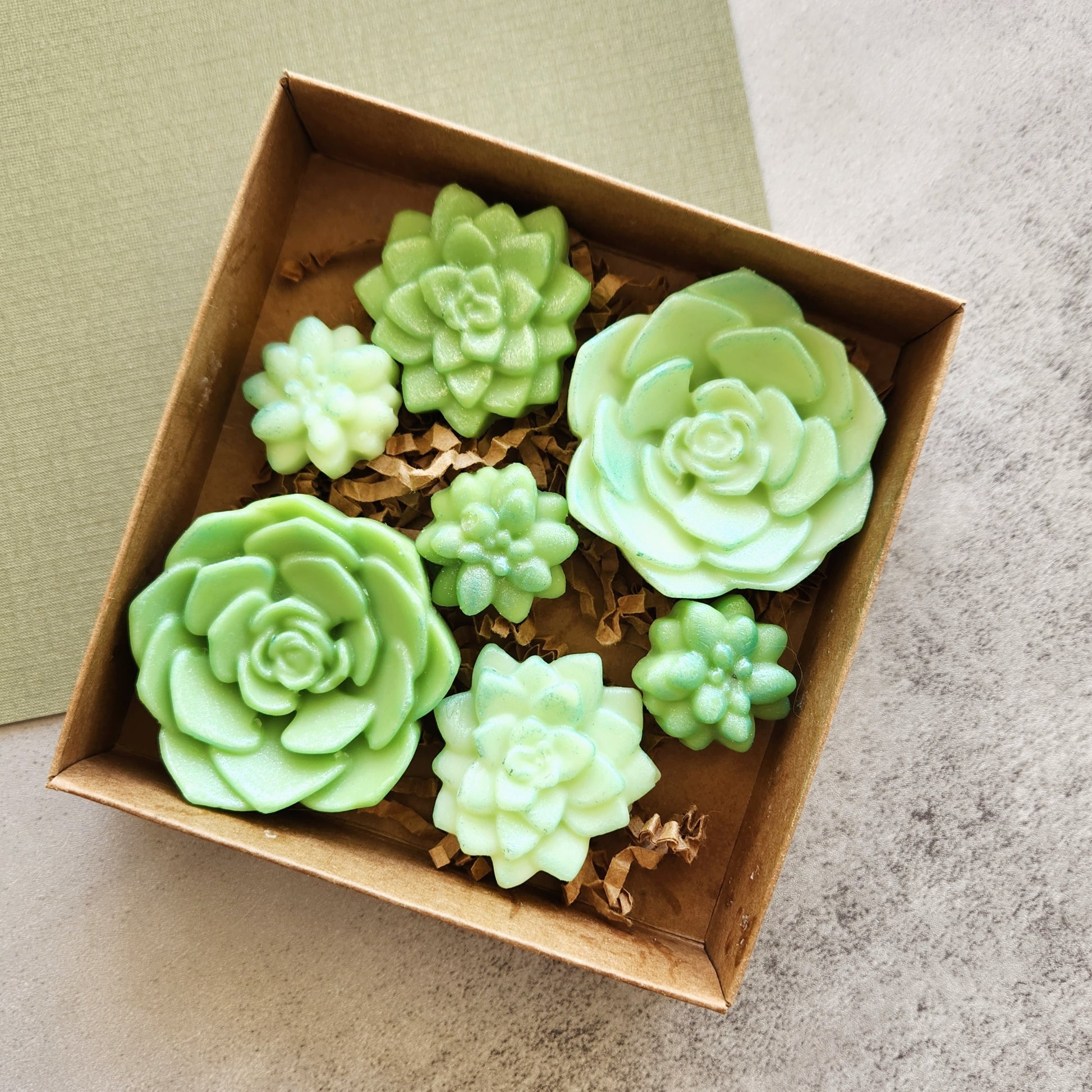 A box of green, succulent-shaped wax melts, elegantly arranged on crinkled brown paper, showcasing their unique design and fresh appearance.