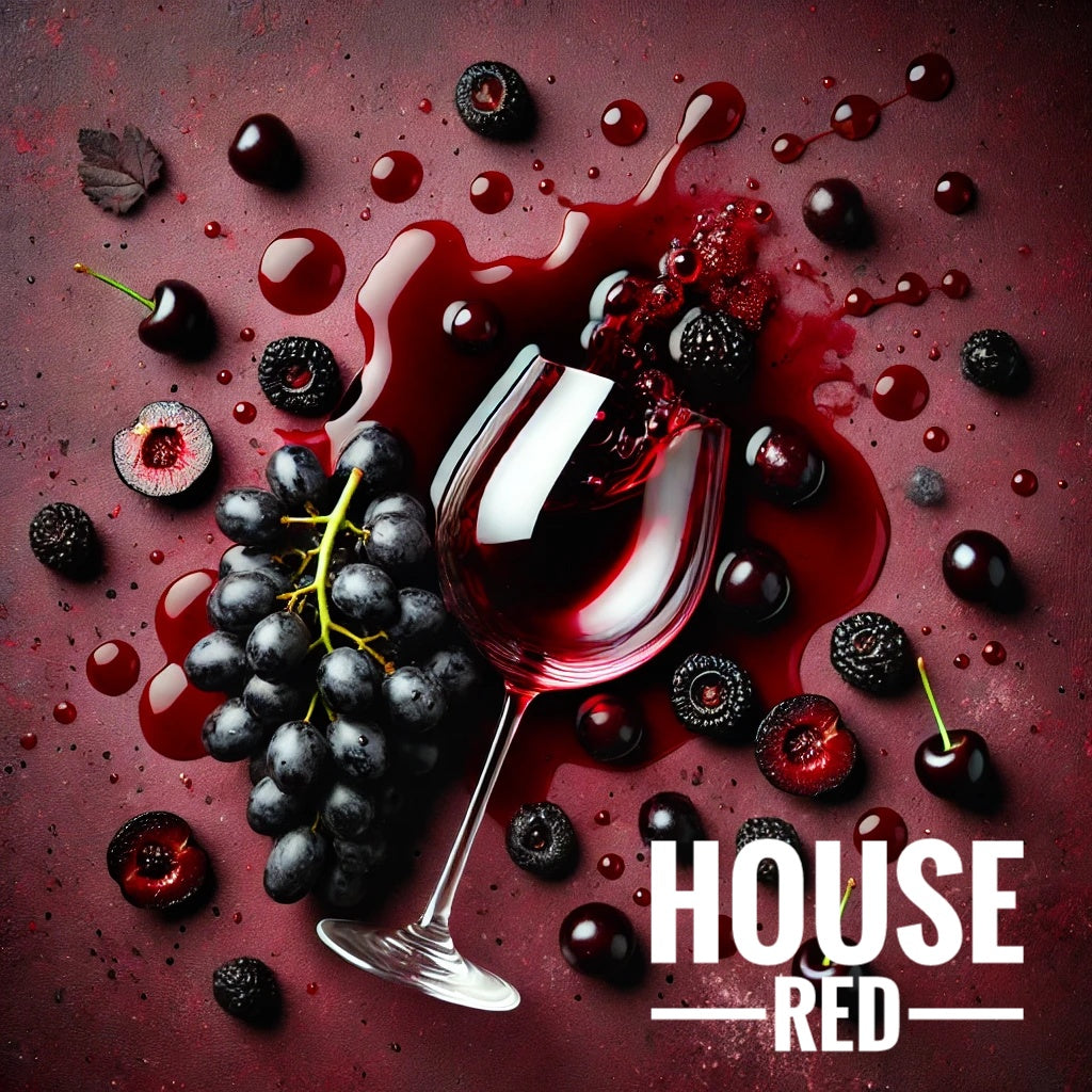 A flat lay photograph featuring a glass of red wine spilling onto a dark red background, surrounded by black grapes, cherries, and blackberries. The rich colors and scattered fruit emphasize the bold, deep red wine. The words "House Red" are written in bold white text in the lower right corner.