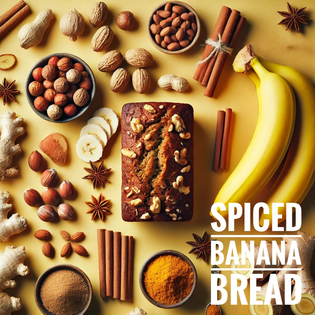 Spiced Banana Bread candle ingredients flat lay with banana, cinnamon, ginger, star anise, and nuts on a yellow background – perfect for fall-themed candles.