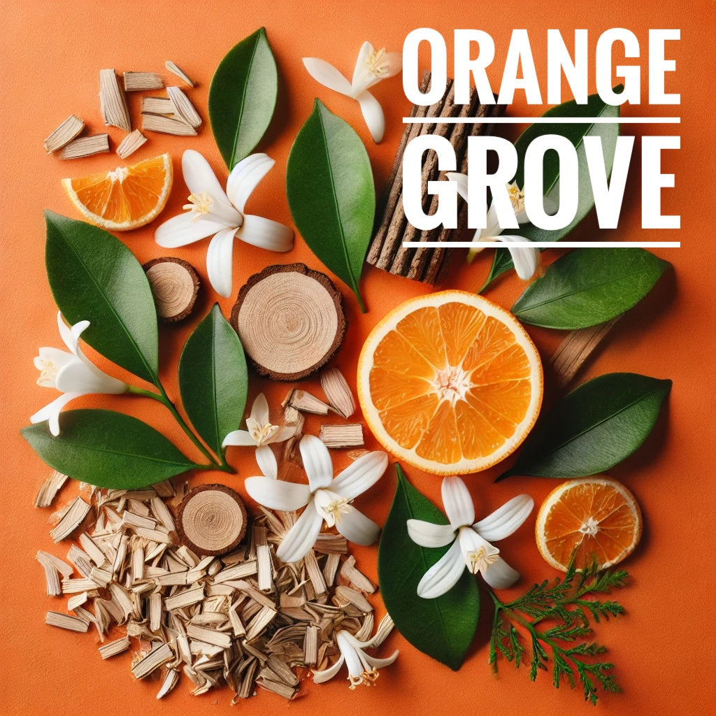 A flat lay photograph featuring slices of oranges, green leaves, white flowers, and sandalwood pieces arranged on an orange background. The composition evokes a natural, fresh feel. The words "Orange Grove" are written in bold white text in the upper right corner.