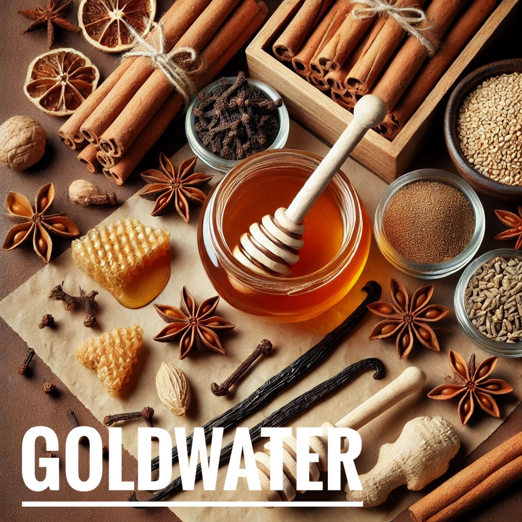 A flat lay photograph showcasing various spices and ingredients, including cinnamon sticks, honey in a jar with a dipper, star anise, cloves, vanilla beans, and honeycomb. The arrangement creates a warm, earthy atmosphere, with the word "Goldwater" written in bold white text at the bottom. The background is neutral, emphasizing the natural tones of the ingredients.