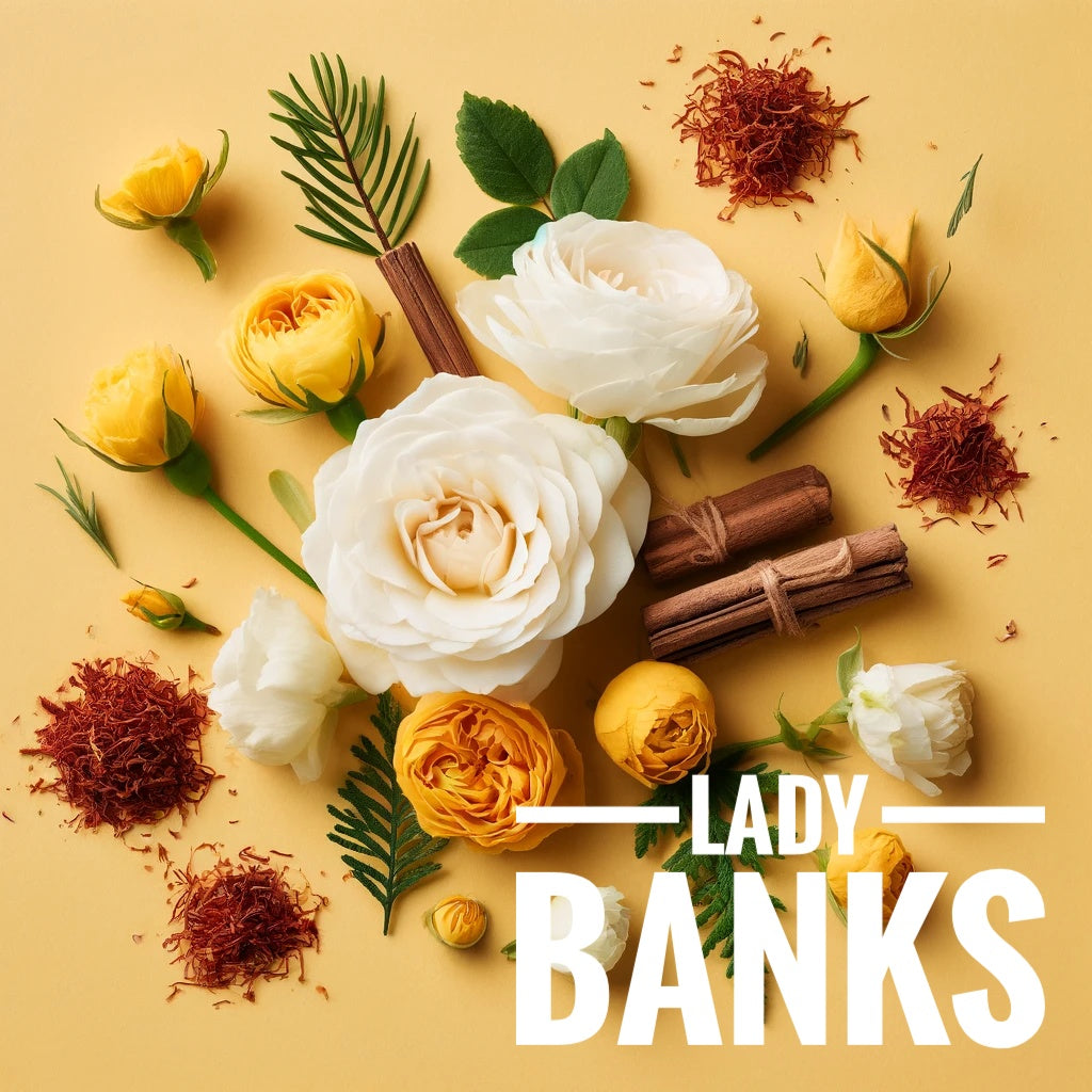 Flat lay photo showcasing elements of the Lady Banks scent, including fresh white and yellow roses, saffron, cedarwood, and green foliage, arranged on a light yellow background. The text 'Lady Banks' is overlaid in white.