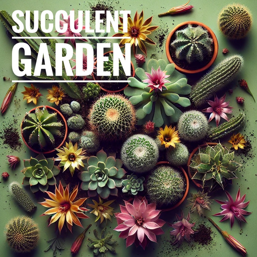 A flat lay photograph featuring a variety of succulents and cacti in pots arranged on a green background. The succulents display vibrant flowers in shades of pink, yellow, and orange, creating a lush and colorful composition. The text 'Succulent Garden' is prominently displayed in the upper left corner.