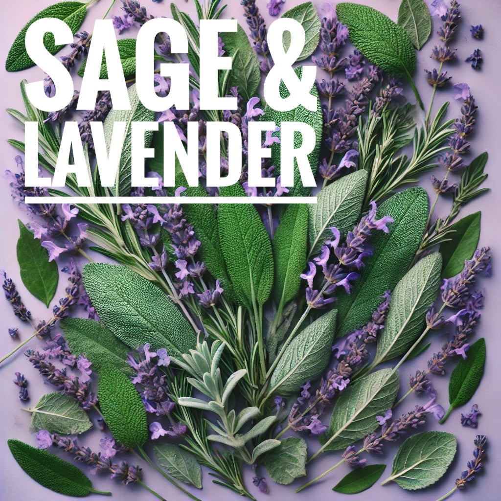 A flat lay photograph featuring an arrangement of sage and lavender sprigs spread across a neutral background. The green leaves of the sage contrast with the purple lavender flowers. The words "Sage & Lavender" are written in bold white text at the top of the image.