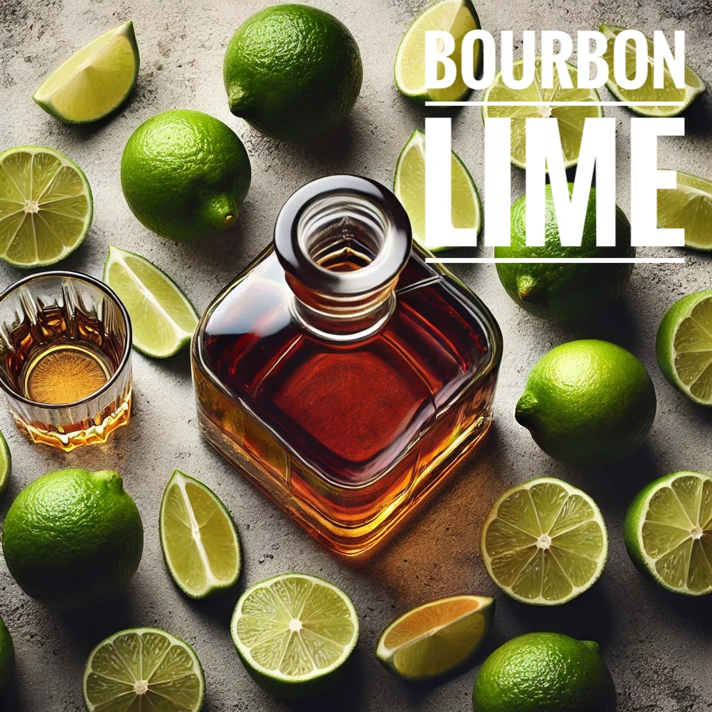 Flat lay of a whiskey decanter, glass of bourbon, and scattered limes with the text "Bourbon Lime" in the upper right corner.