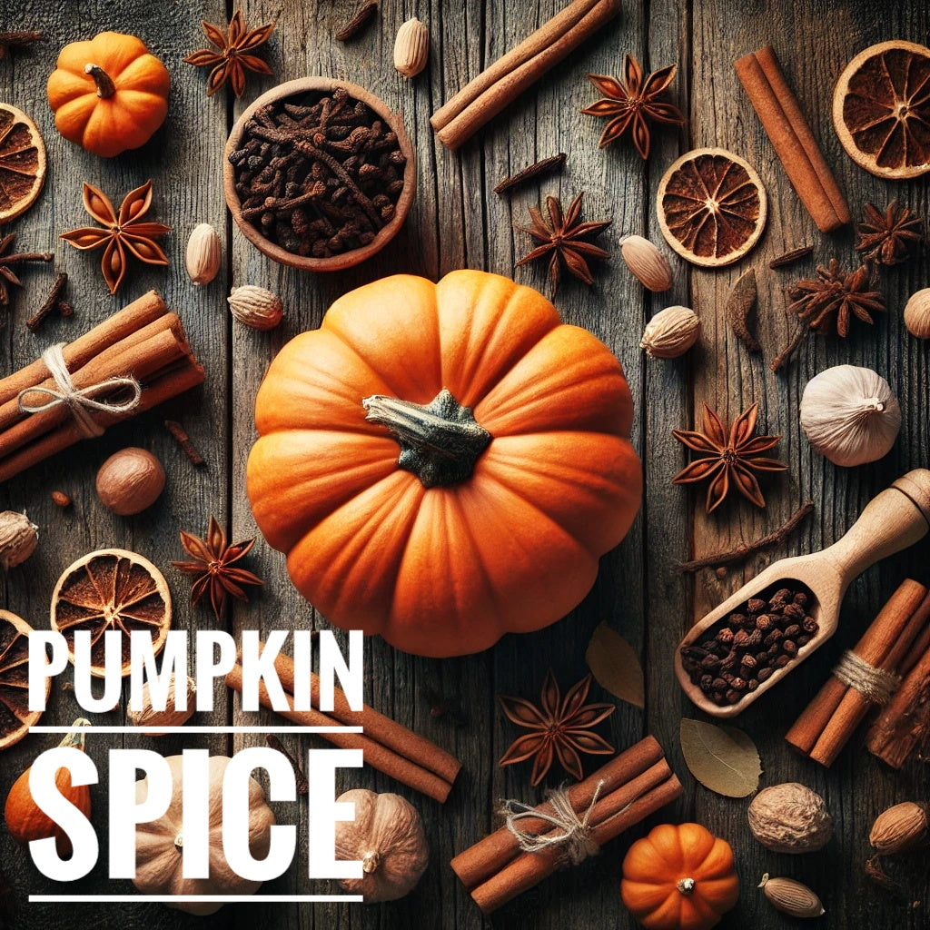 A flat lay photograph featuring a pumpkin surrounded by various spices such as cinnamon sticks, star anise, cloves, and dried orange slices on a rustic wooden surface. The arrangement creates a warm, autumnal feel, with the text 'Pumpkin Spice' displayed in bold on the left side.