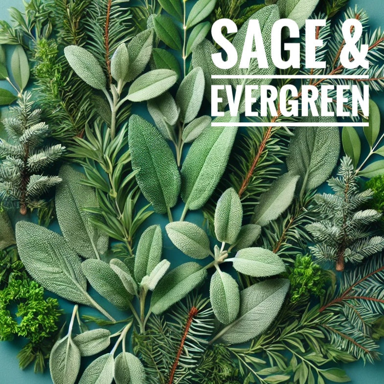 A flat lay photograph featuring an arrangement of sage leaves and evergreen branches on a teal background. The natural textures and shades of green create a fresh, earthy composition, with the text 'Sage & Evergreen' displayed prominently on the upper right side.