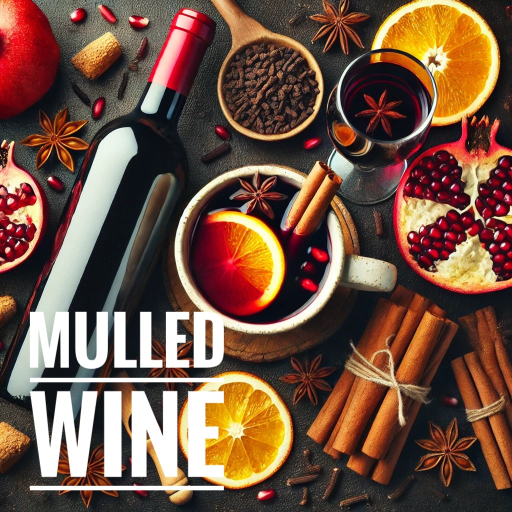 Flat lay photograph featuring a bottle of red wine, a glass of mulled wine, and a mug of mulled wine garnished with cinnamon sticks and orange slices. Surrounding the drinks are spices such as star anise and cinnamon, along with pomegranate seeds and orange slices, creating a warm and festive atmosphere. The text 'Mulled Wine' is prominently displayed on the left side.