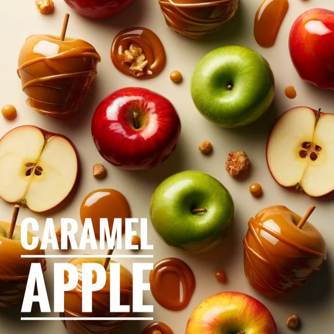 Caramel apple-inspired fall scent image with fresh apples and caramel drizzle, ideal for autumn-themed candles.