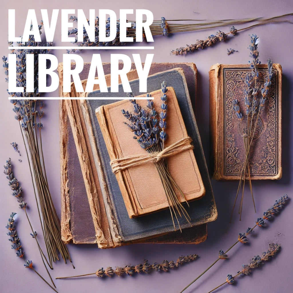 A flat lay photograph of dried lavender sprigs and old vintage books arranged on a soft lavender-colored background. The weathered books and delicate lavender sprigs create a serene and nostalgic composition with muted tones.