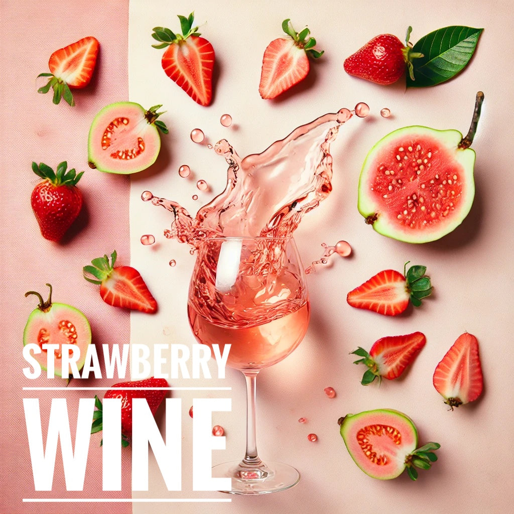 A flat lay photograph featuring fresh strawberries, guava slices, and a glass of rosé wine splashing on a pale pink background. The vibrant fruits and wine spill create a dynamic and fresh composition. The text 'Strawberry Wine' is displayed in bold on the lower left corner.