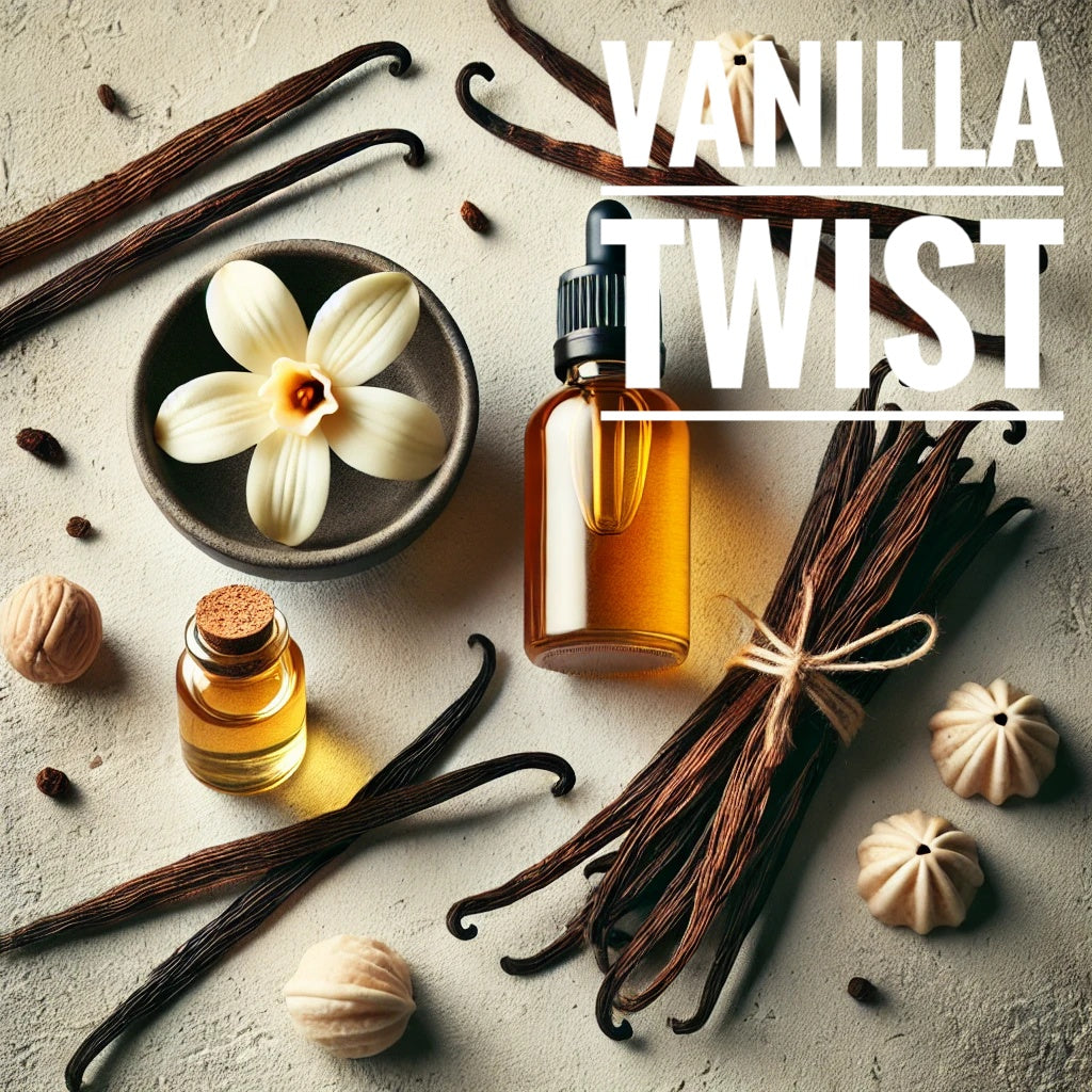 A flat lay photograph featuring vanilla beans, a small bottle of vanilla extract, and a vanilla flower arranged on a neutral surface. The image has a warm, natural feel with the rich tones of vanilla elements. The text 'Vanilla Twist' is prominently displayed in the upper right corner.