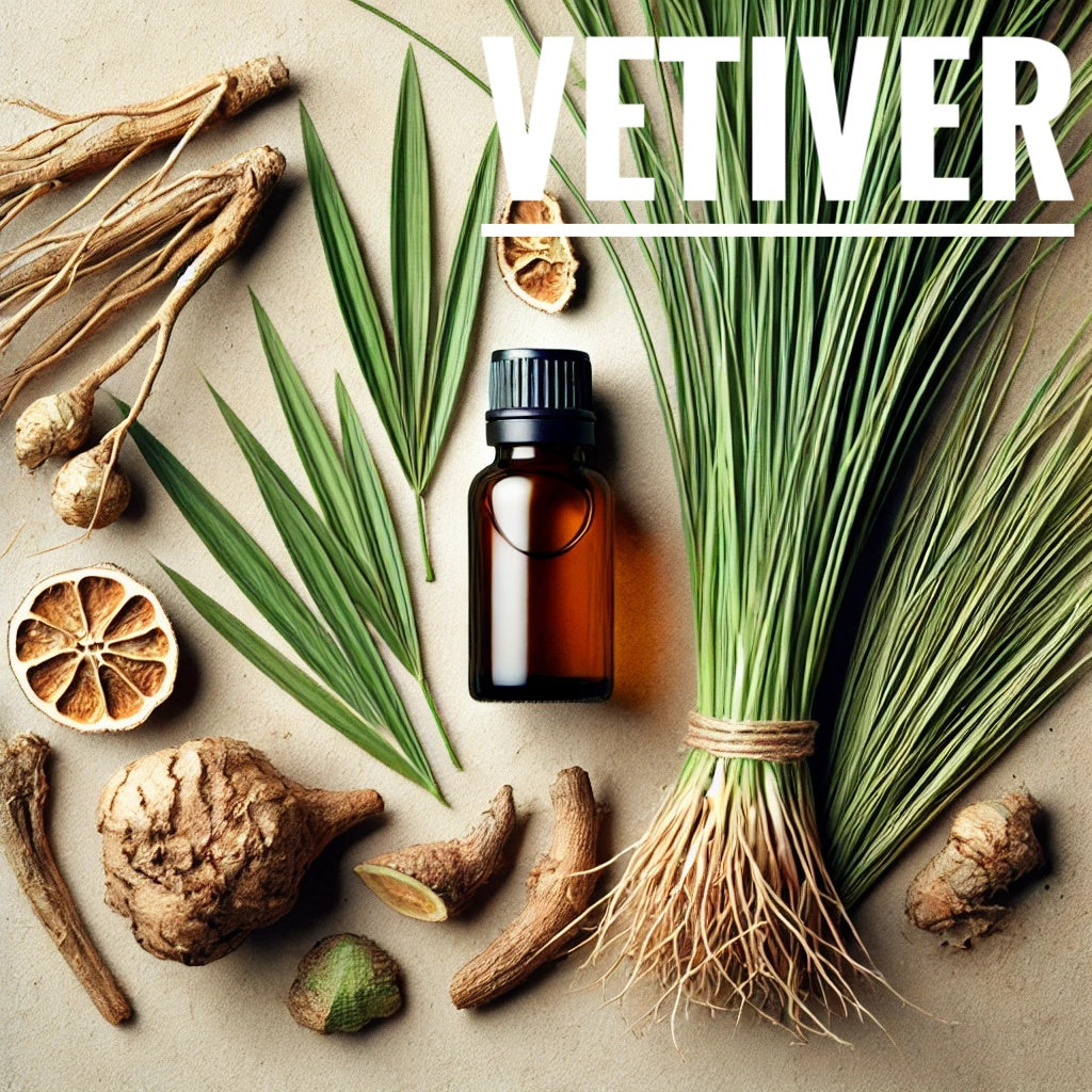 A flat lay photograph featuring vetiver elements, including dried vetiver roots, green vetiver grass, and a small bottle of vetiver oil. The natural textures and tones of the vetiver plant are arranged on a neutral background, evoking an earthy and grounded feel. The text 'Vetiver' is displayed prominently in the upper right corner.