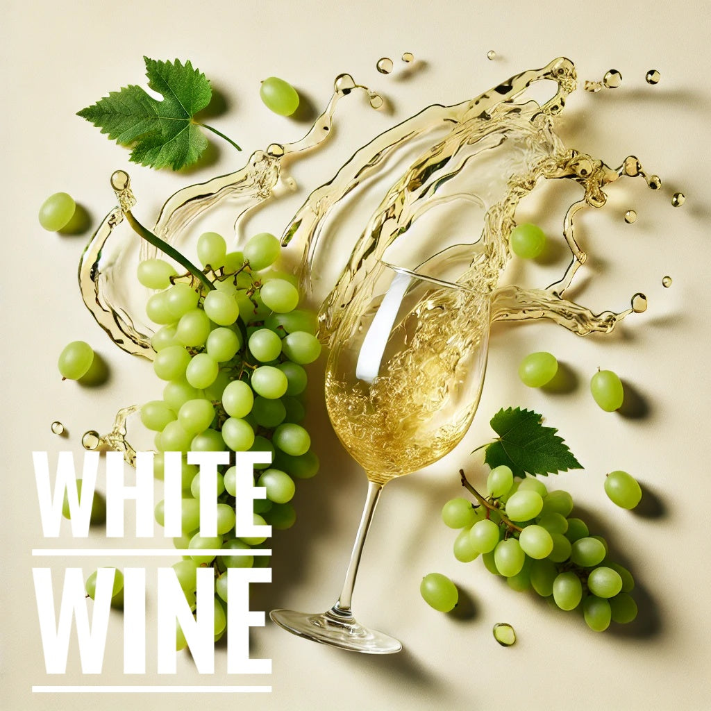 A flat lay photograph featuring a glass of white wine spilling alongside clusters of green grapes, with some leaves scattered around. The wine creates a dynamic splash, and the vibrant grapes stand out against the light background. The text 'White Wine' is displayed prominently in the lower left corner.