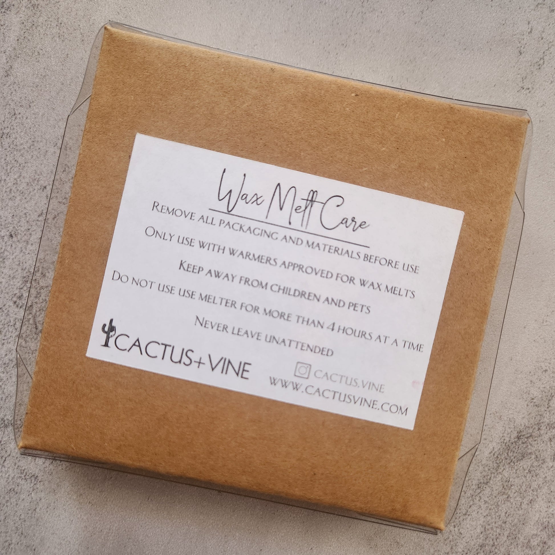 The back of the wax melt packaging, featuring care instructions and the Cactus Vine logo, emphasizing the brand’s commitment to quality and safety.