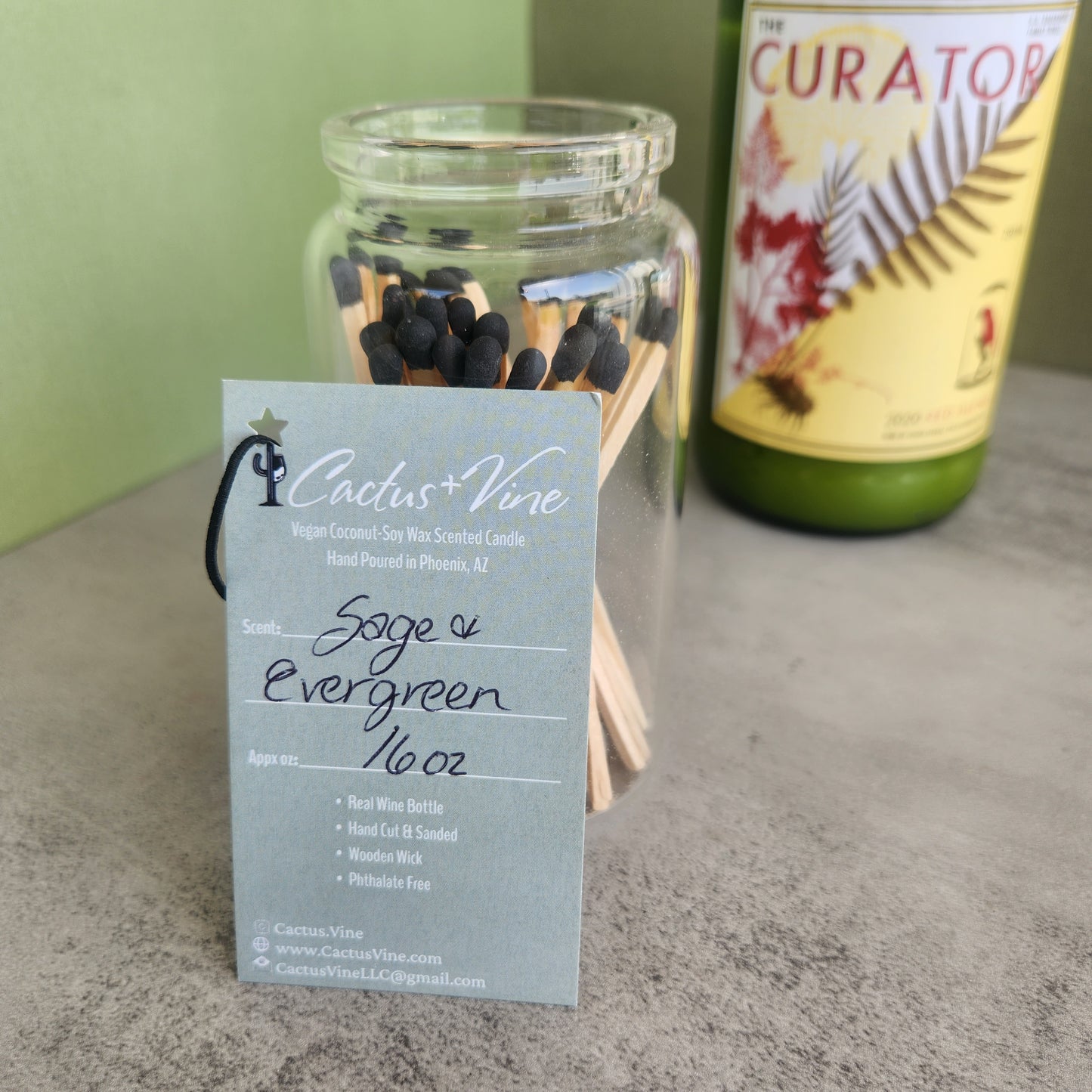 "Sage & Evergreen" Scented Candle in an Up-Cycled "Curator" Wine Bottle