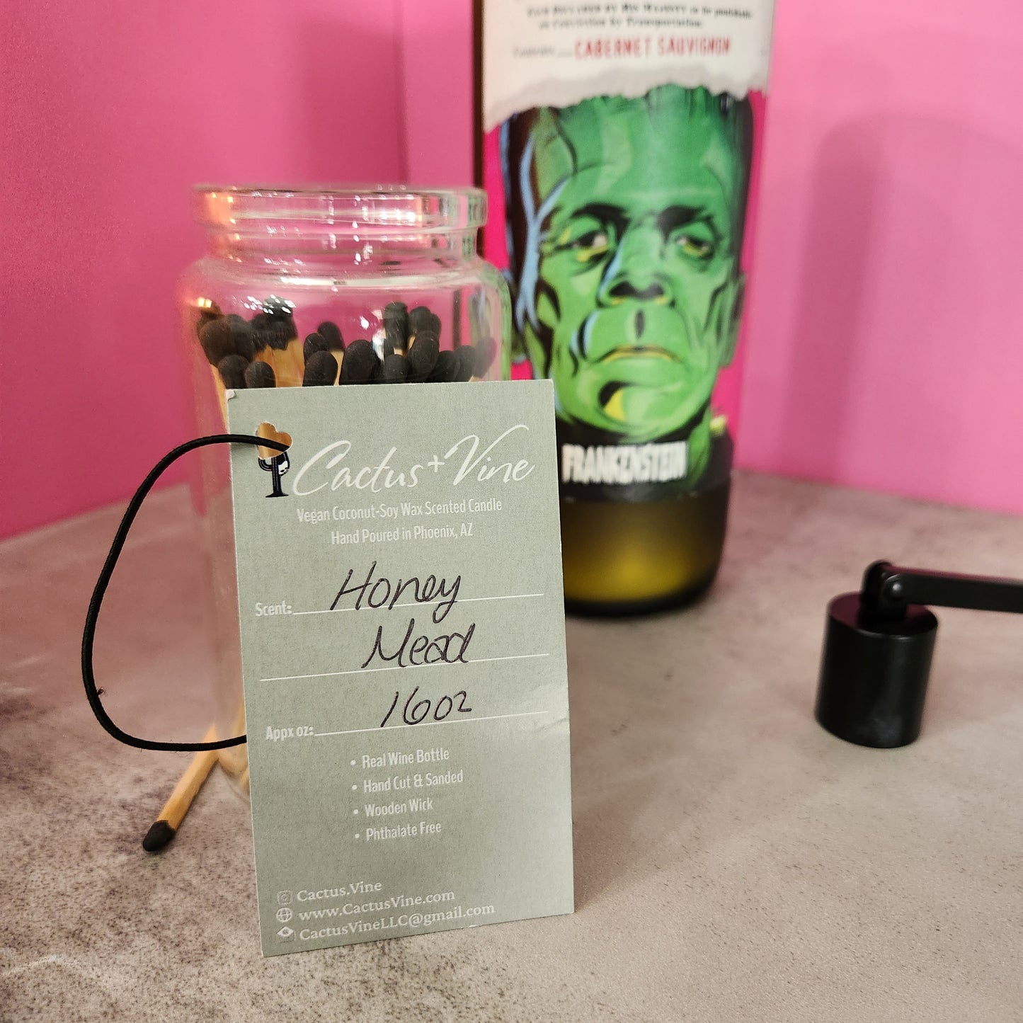 "Honey Mead" Scented Candle in a Recycled "19 Crimes Frankenstein" Wine Bottle