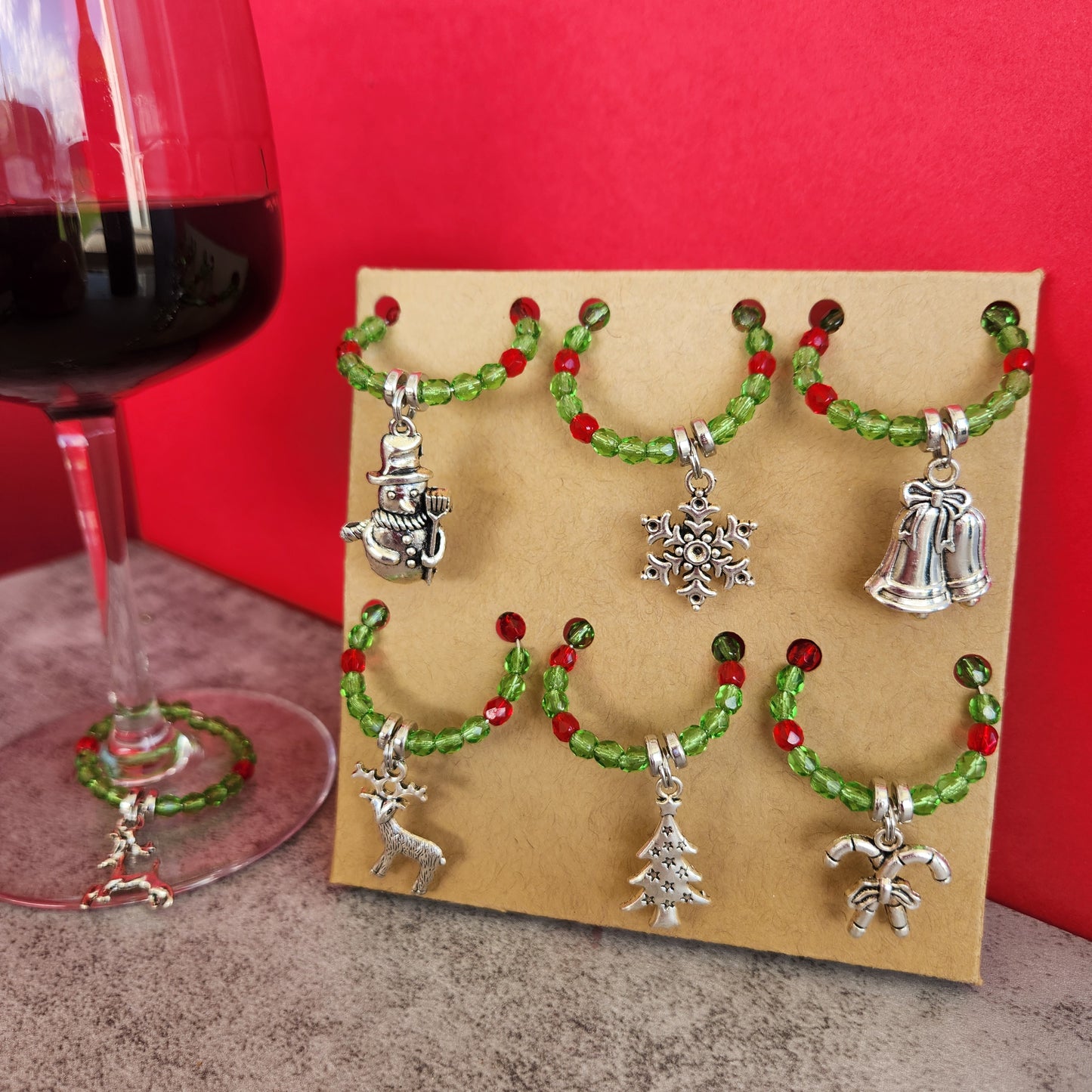 Set of 6 Christmas Wine Glass Charms with Red and Green Beads and Silver Charms Including Reindeer and Snowflakes, Perfect for Holiday Decor