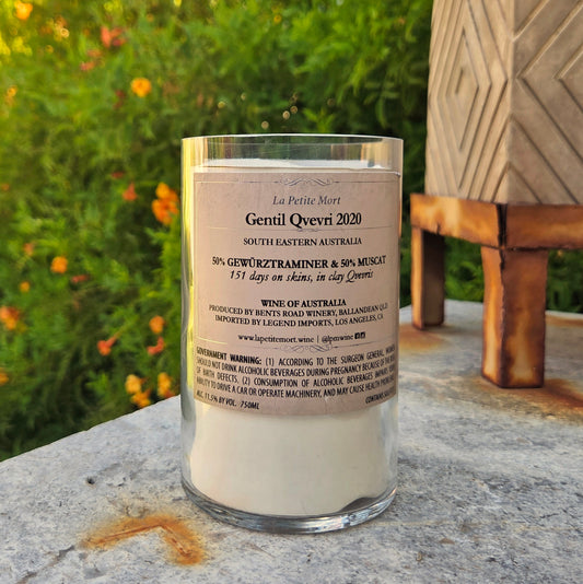 Back label of La Petite Mort Gentil Qvevri 2020 wine bottle candle, repurposed into a hand-poured eco-friendly coconut soy candle with wooden wick.