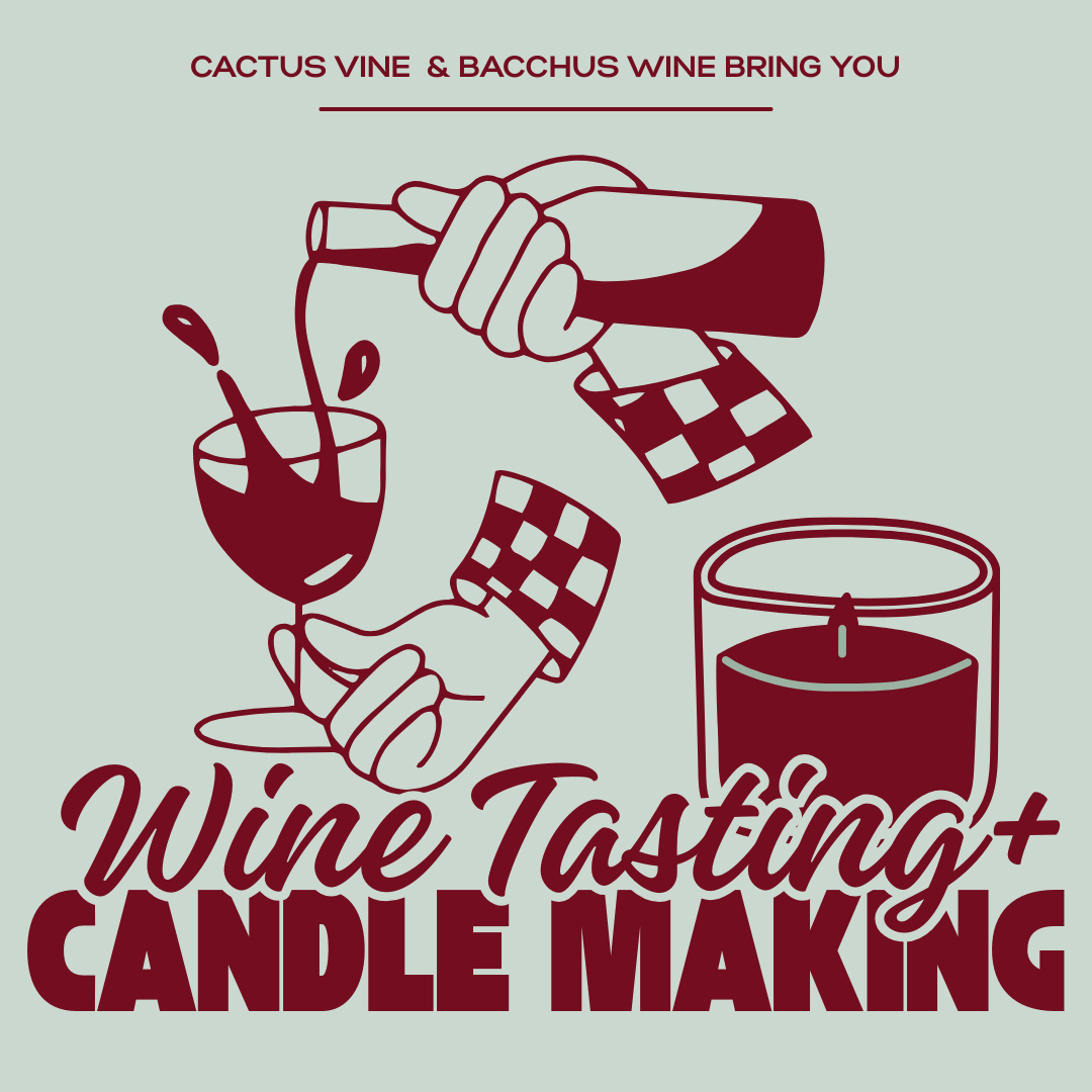 Promotional poster for wine tasting and candle making event with illustrations of a hand pouring wine and a candle.