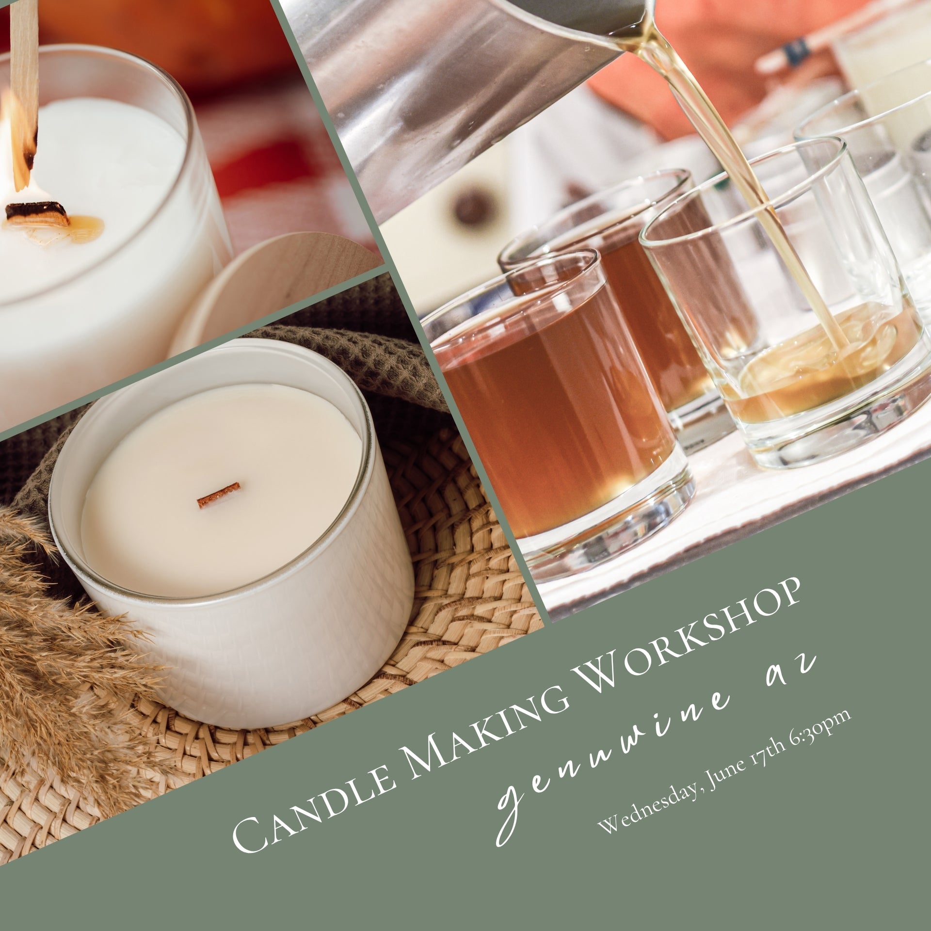 Collage of candle making and wine pouring with text about a candle making workshop.