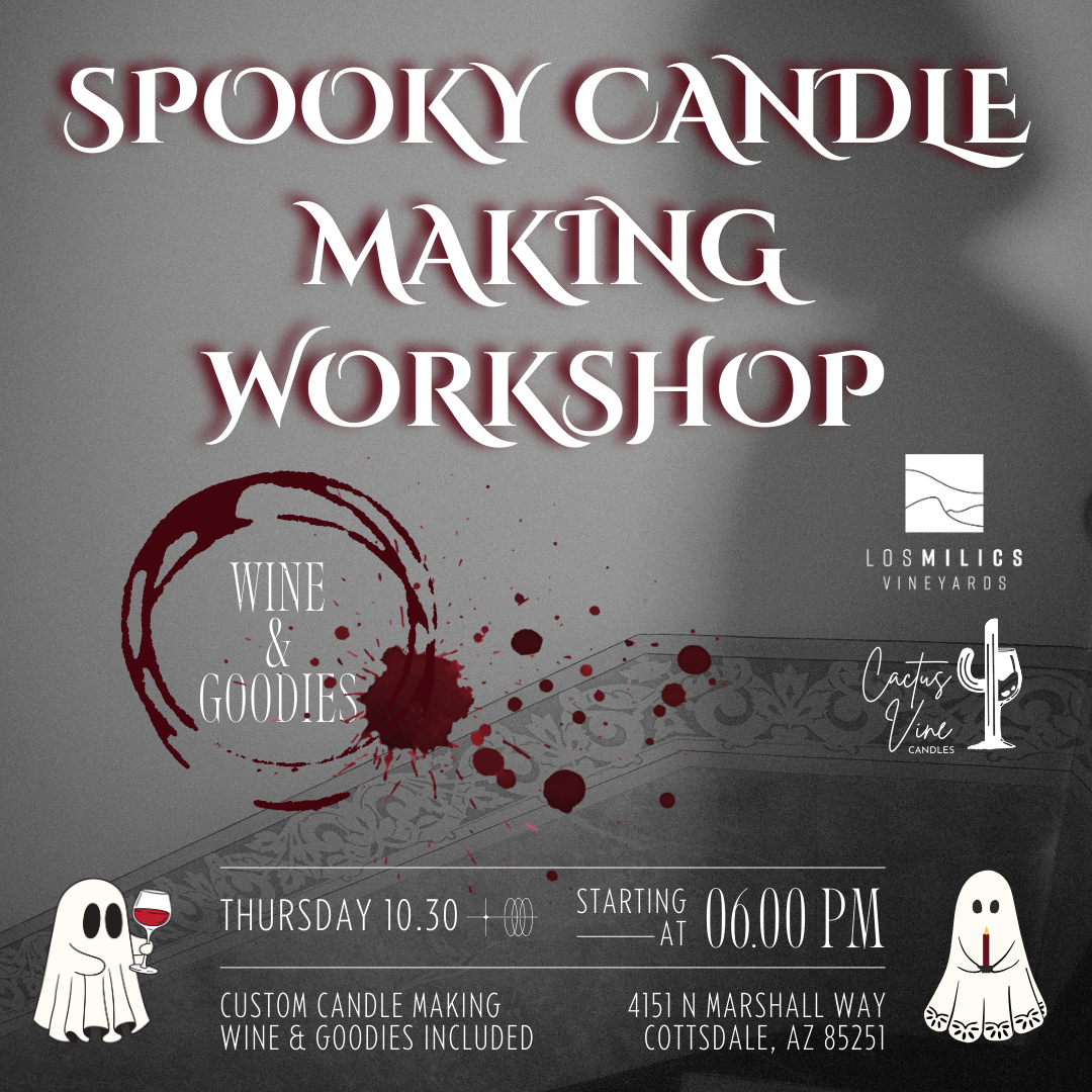 Promotional flyer for a spooky candle making workshop with wine and goodies at Los Milicos Vineyards.