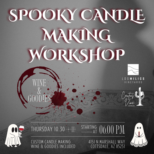 Promotional flyer for a spooky candle making workshop with wine and goodies at Los Milicos Vineyards.
